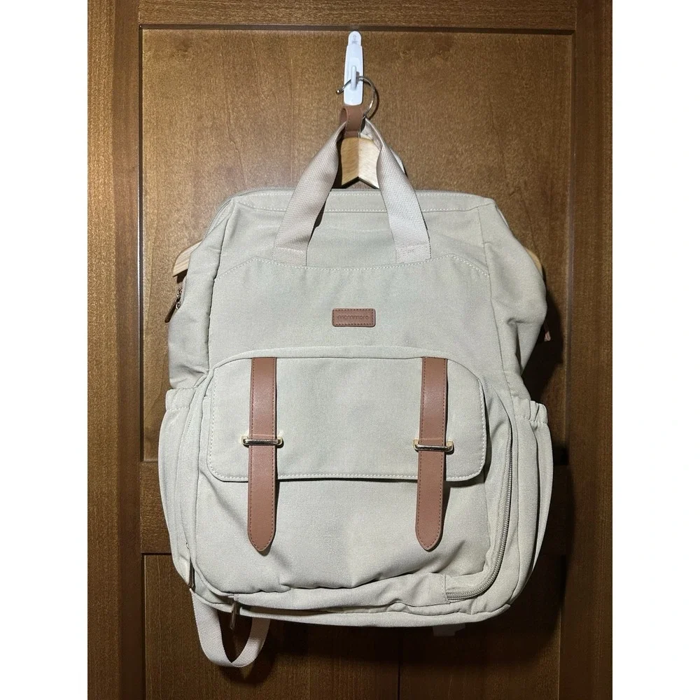 Mommore Diaper Bag Backpack Gray Brown Leather Trim Baby Travel‎ Tote Bag